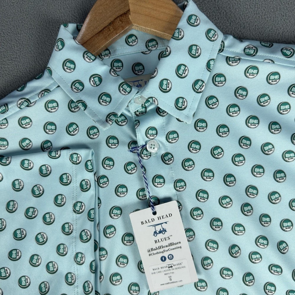 Bald Head Blues Polo Shirt Small Sea Green BHB Cans Geometric Performance New